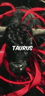 Taurus bull with red ribbons on dark background.