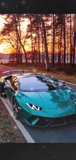 Teal sports car on a forest road at sunset.