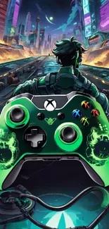 Futuristic wallpaper with green gaming controller at night.