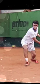 Tennis player in action on clay court with racket, captured in dynamic motion.