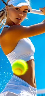 Female tennis player in action with a vibrant blue background.