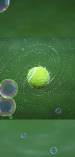 Tennis ball swirling among bubbles with green background.