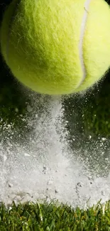 Tennis ball bounces on grass, creating debris.