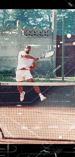 Tennis player leaps for a shot on outdoor court.