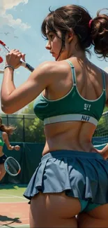 Vibrant tennis scene with dynamic players on the court under a clear sky.