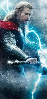 Hero with hammer in stormy lightning setting, dynamic and vivid imagery.