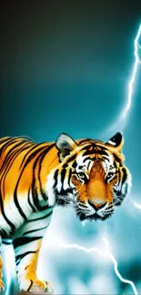 Striking mobile wallpaper with a tiger and lightning in teal hues.