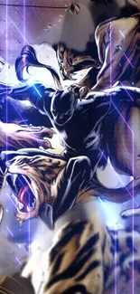 Dynamic artwork of a battle scene with tigers in vivid colors for mobile wallpaper.