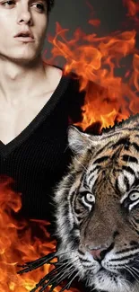 Tiger amidst vibrant flames with a stylish figure.