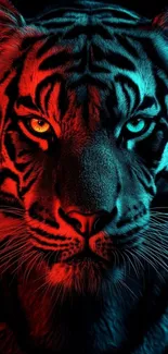Dynamic tiger face in glowing red and blue hues.