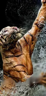 Majestic tiger leaps through water splash in dynamic wallpaper.