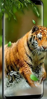 Tiger emerging from mobile screen in jungle setting.