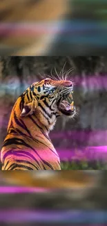 Vibrant tiger roaring in nature with colorful streaks on mobile wallpaper.