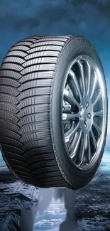 High-performance tire on reflective surface with a blue backdrop.