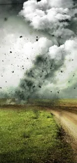 Tornado spiraling over a green field in dramatic landscape.