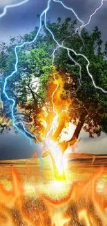 Tree struck by lightning with flames around.