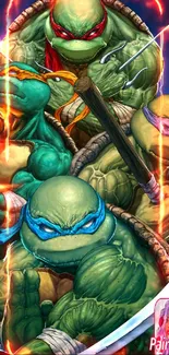 Dynamic art of turtle warriors in vibrant colors.