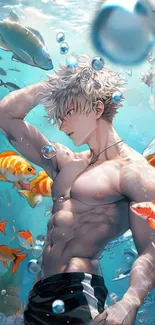 Anime character underwater with colorful fish.