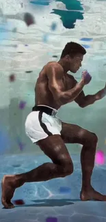 Underwater boxer in dynamic artistic pose.