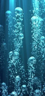 Dynamic underwater scene with rising bubbles in deep blue tones.