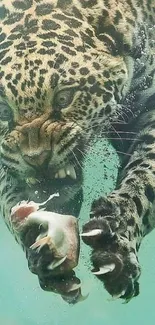 Jaguar diving underwater with intense focus and power.