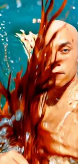 Artistic underwater portrait with dynamic colors and movement.