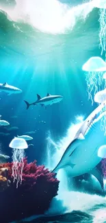 Underwater scene with sharks swimming near coral reefs.