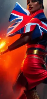 Dynamic figure with Union Jack attire and vibrant orange fire effect.