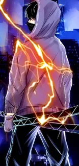 Anime figure in hoodie with lightning on urban backdrop.