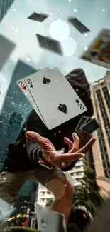 Hand tossing playing cards in dynamic urban setting with skyscrapers.