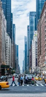 Busy city street with skyscrapers and taxis, perfect for dynamic wallpaper.