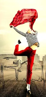 Vibrant dancer leaps against city skyline with red scarf, capturing urban energy.