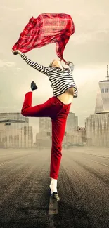 Dancer on road with city skyline background.