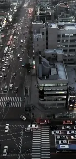 A vibrant city street scene at dusk with moving traffic.