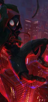 Dynamic character swinging in red-lit cityscape.