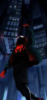 Superhero in a hoodie leaping through a neon-lit cityscape at night.