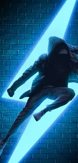 Hooded figure with neon blue background on brick wall.