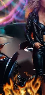 Dynamic street style woman in black leather beside a sleek car.