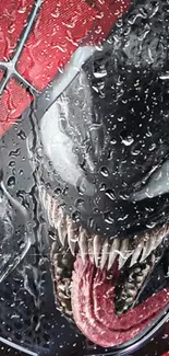 Venom with rain-drenched effect on a red and black mobile wallpaper.