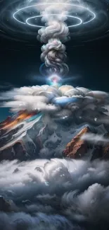 Majestic cloud and volcano scene with glowing rings above.