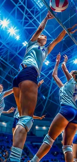 Dynamic action scene of a volleyball match under stadium lights.