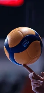 Volleyball balanced on fingertip, showcasing skill.