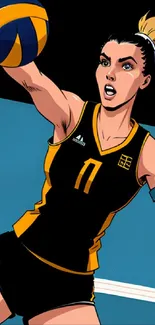 Illustration of an energetic volleyball player in mid-action with vibrant colors.