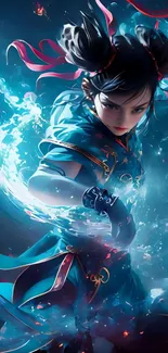 Dynamic anime warrior with water effects.