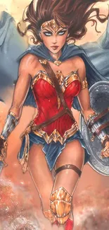 Epic warrior in blue cloak with shield and sword artwork.