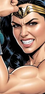 Cartoon warrior flexing arm confidently.