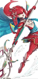 Vibrant warrior in red armor with trident, set against a dynamic water splash.