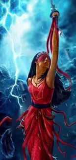 Warrior in red dress with sword under lightning-filled sky.