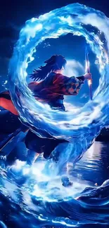 Anime figure controlling flowing water in vibrant design.