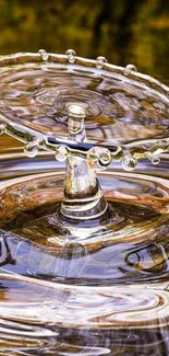 Artistic water drop splash creating ripples on a golden brown background.